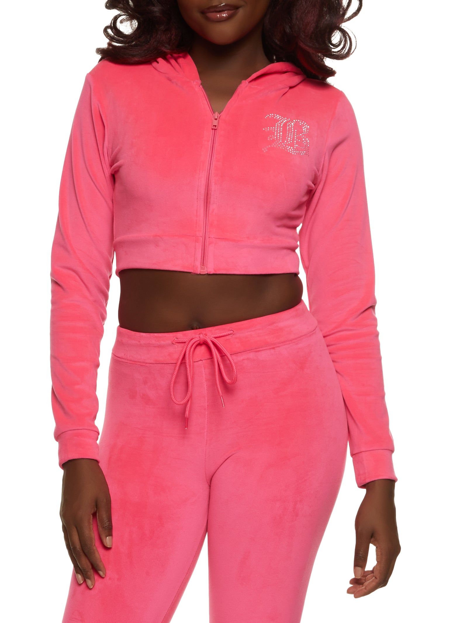 B Initial Rhinestone Velour Cropped Hoodie sold by Rainbow