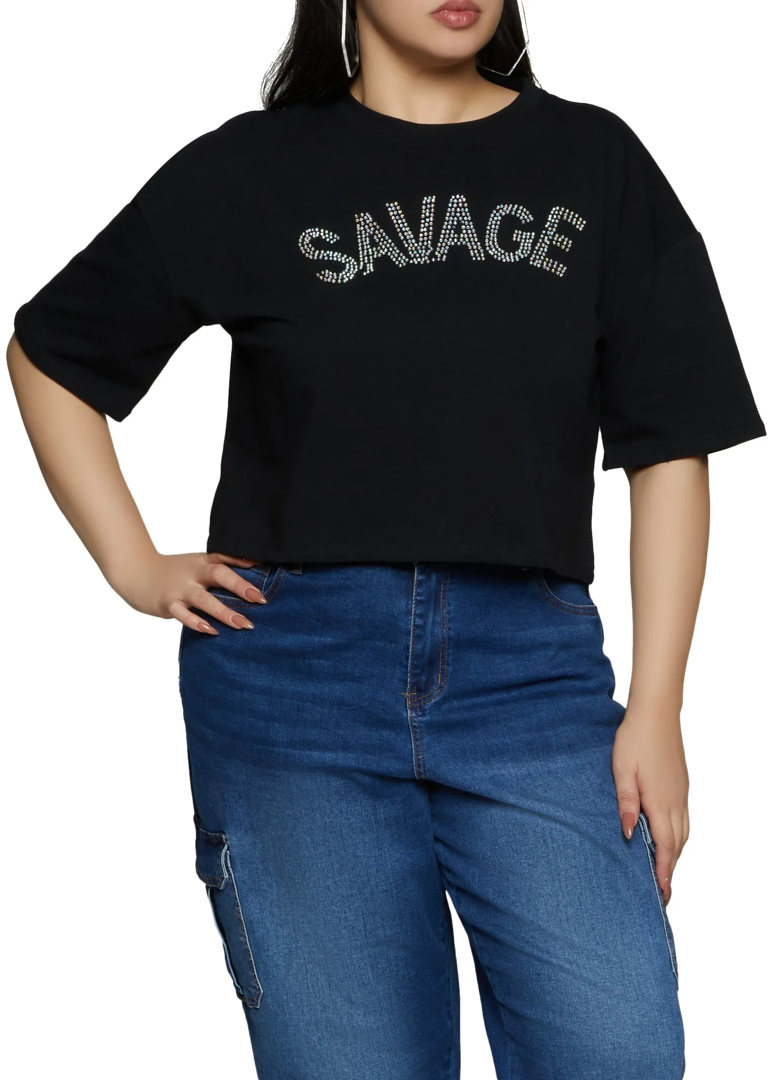 Plus Size Savage Rhinestone Graphic Tee sold by Rainbow