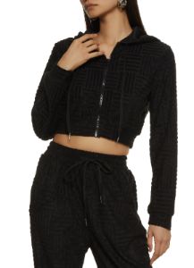 Chenille Zip Front Cropped Hooded Sweatshirt sold by Rainbow