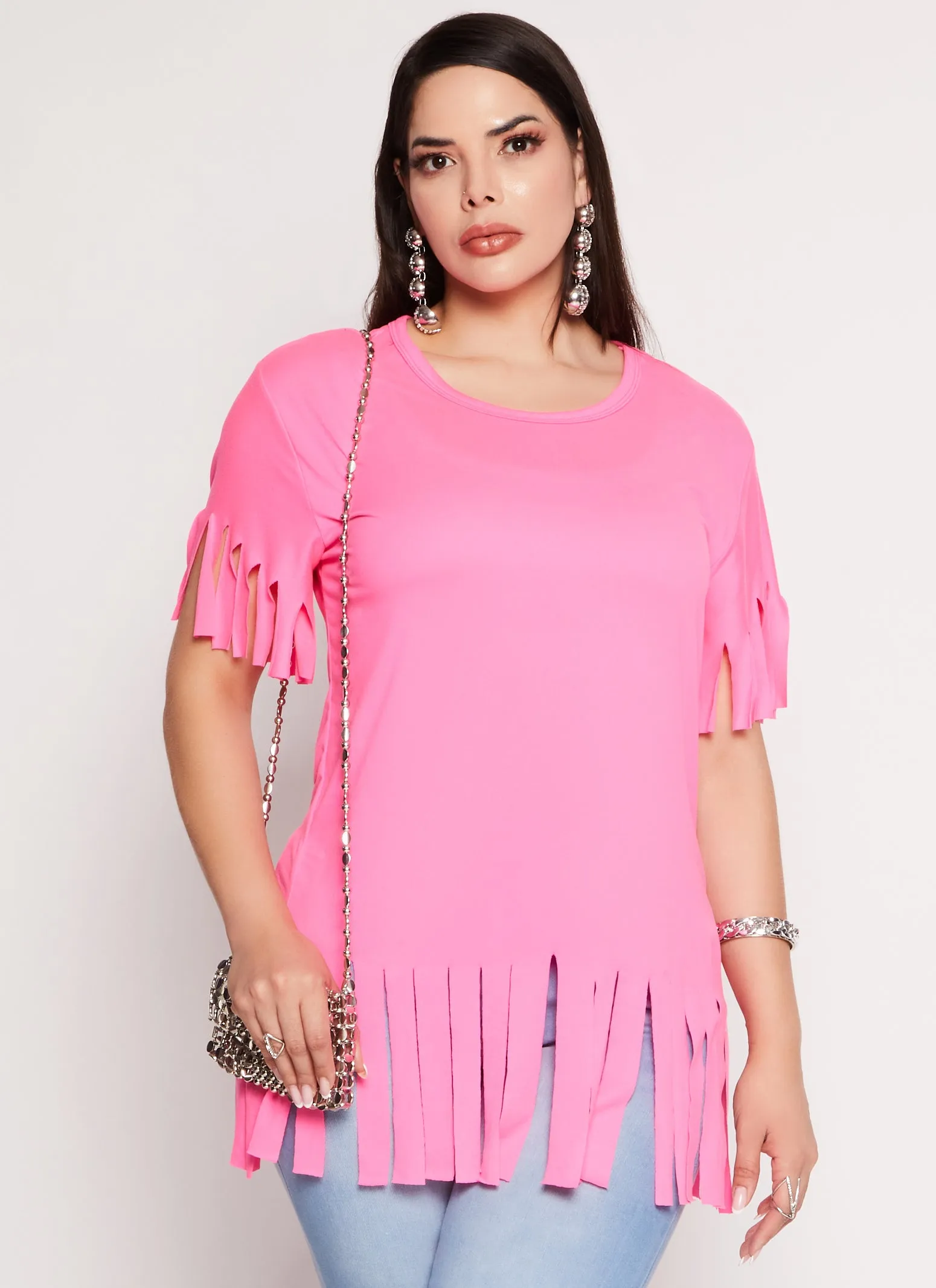 Plus Size Short Sleeve Fringe Hem T Shirt sold by Rainbow