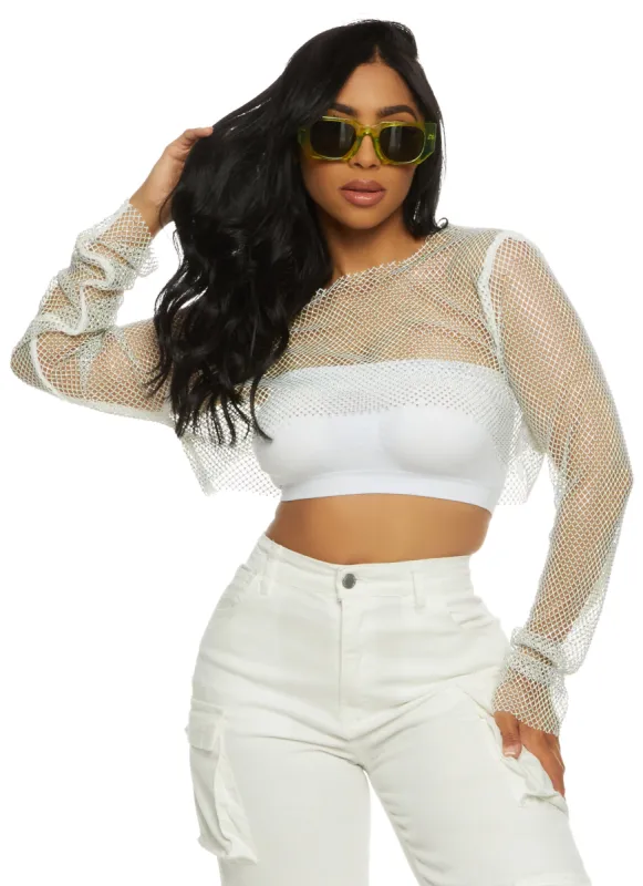 Rhinestone Fishnet Cropped Long Sleeve Top sold by Rainbow