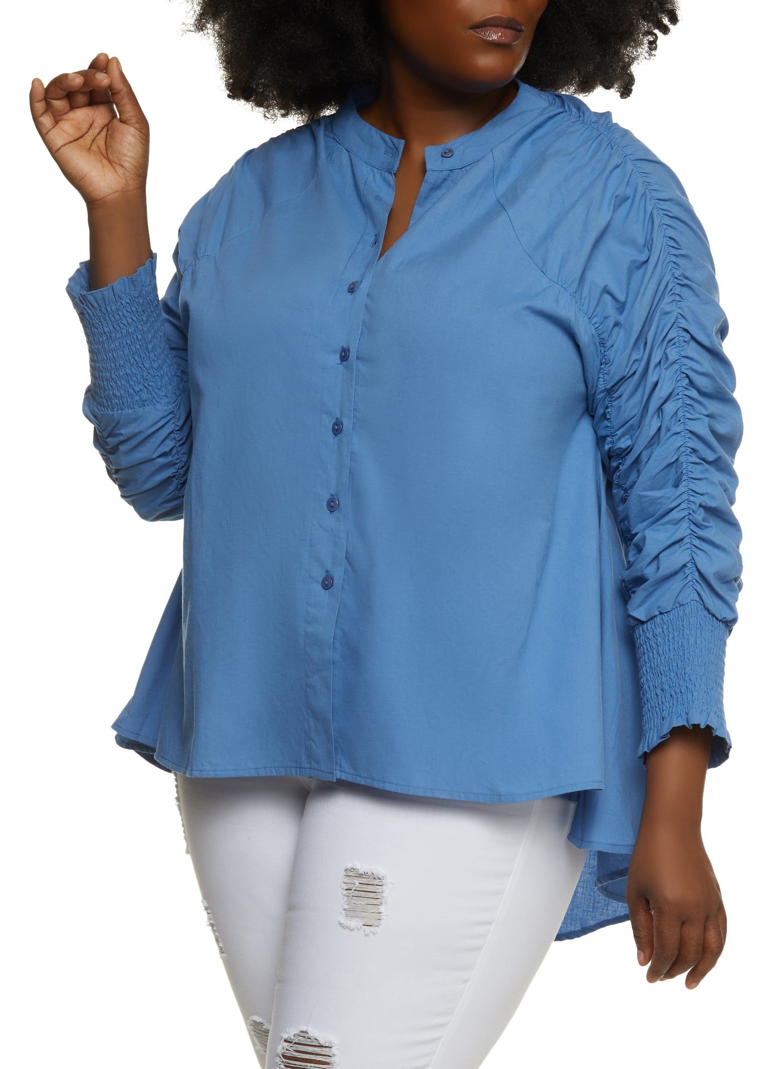 Plus Size Ruched Smocked Sleeve High Low Shirt sold by Rainbow