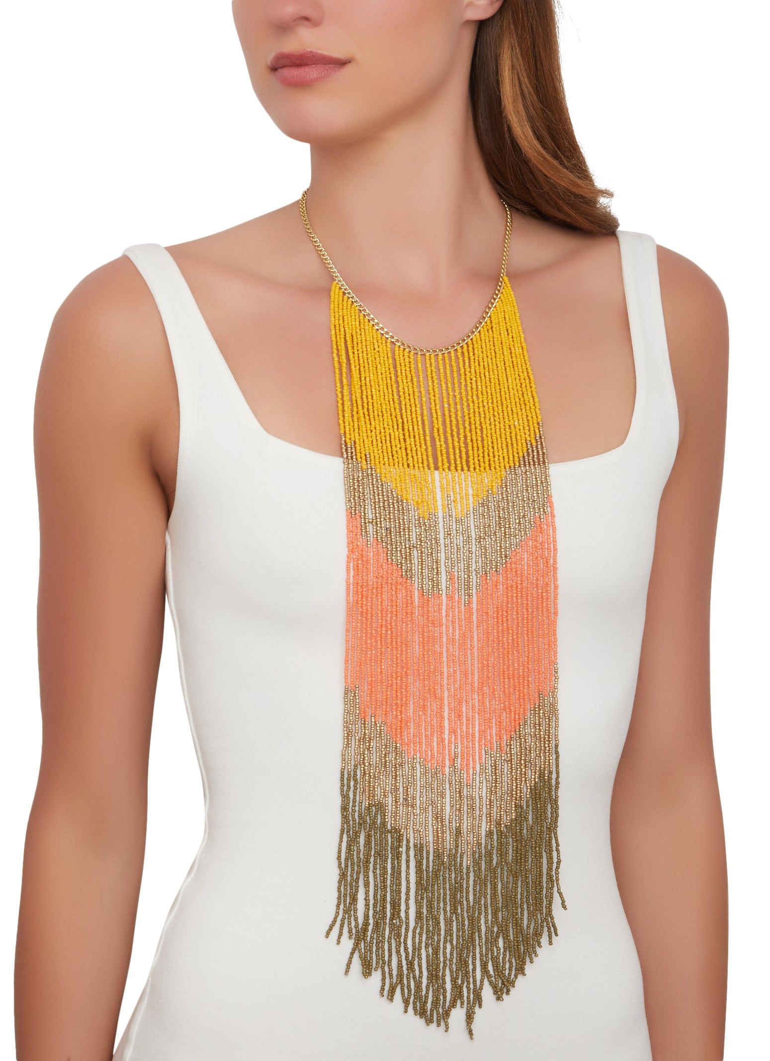 Color Block Beaded Fringe Necklace sold by Rainbow
