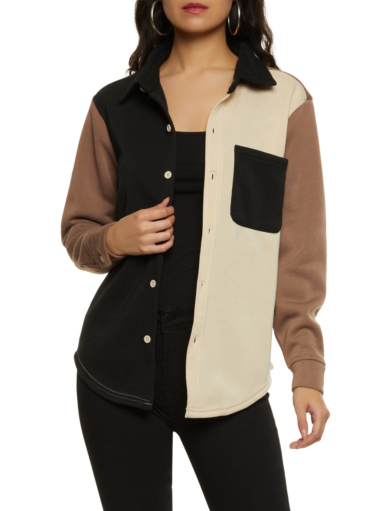 Color Block Fleece Button Front Shirt sold by Rainbow