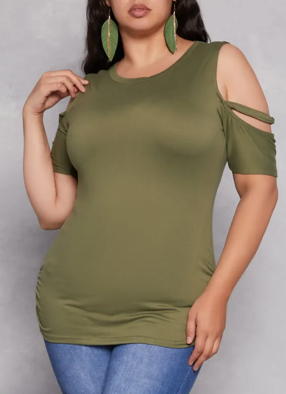 Plus Size Ruched Caged Cold Shoulder Top sold by Rainbow