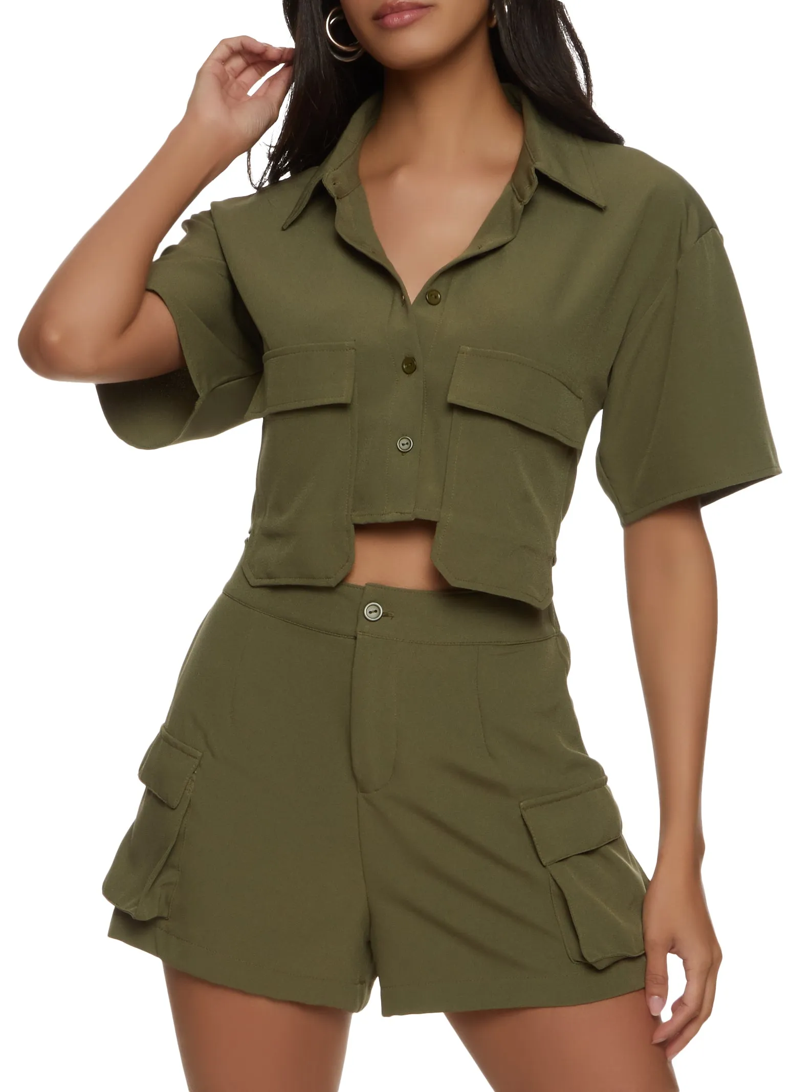 Crepe Knit Cargo Pocket Cropped Shirt sold by Rainbow