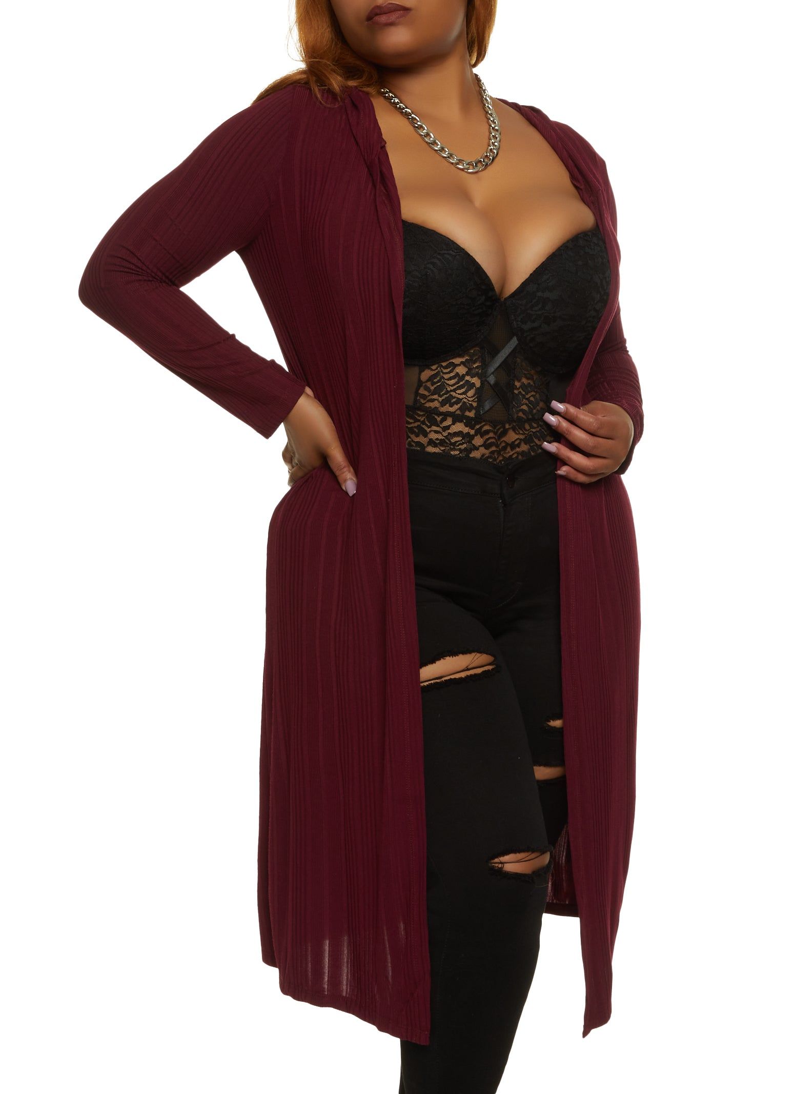 Plus Size Ribbed Knit Hooded Duster sold by Rainbow