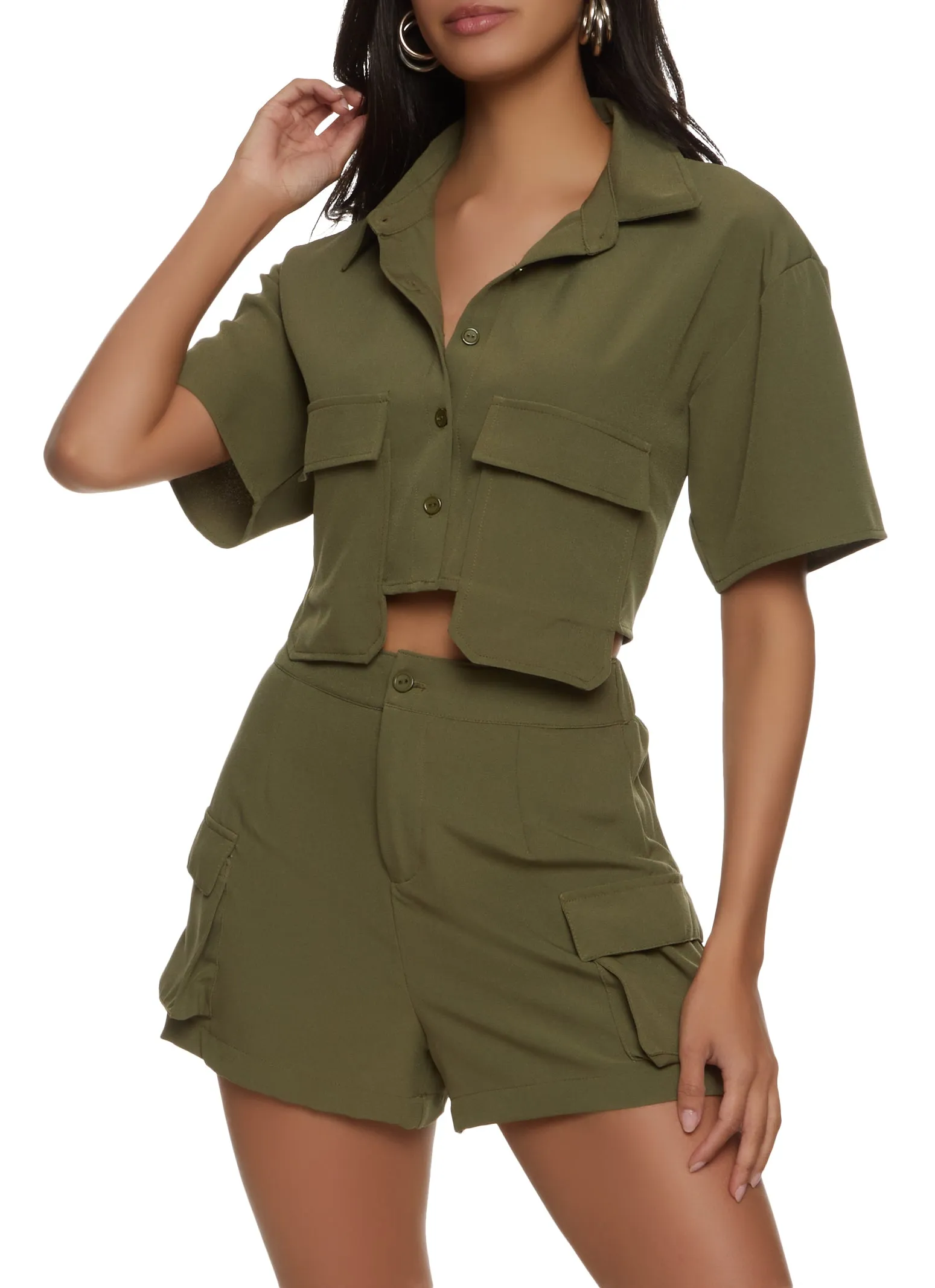 Crepe Knit Cargo Pocket Cropped Shirt sold by Rainbow product image thumbnail 2