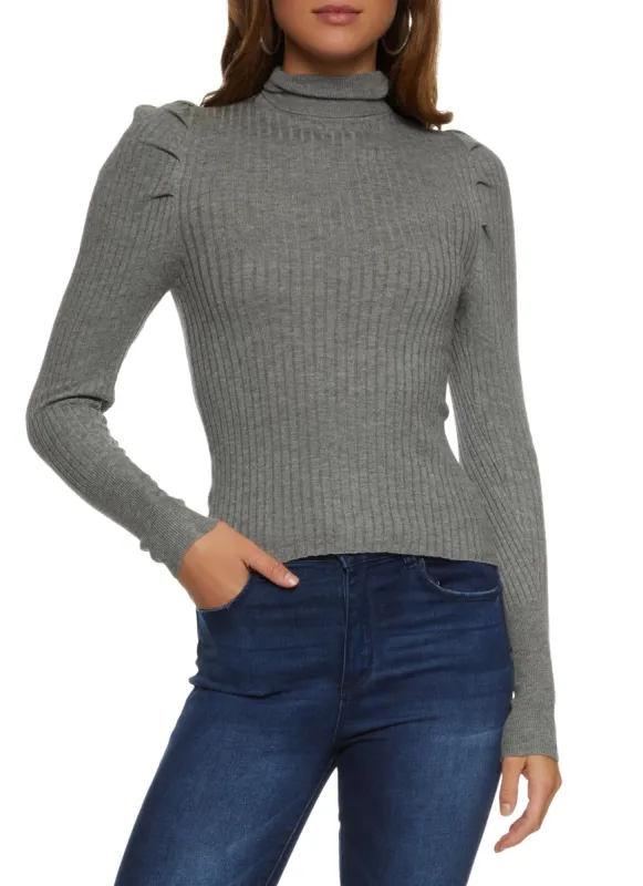 Ribbed Knit Turtleneck Puff Sleeve Sweater sold by Rainbow
