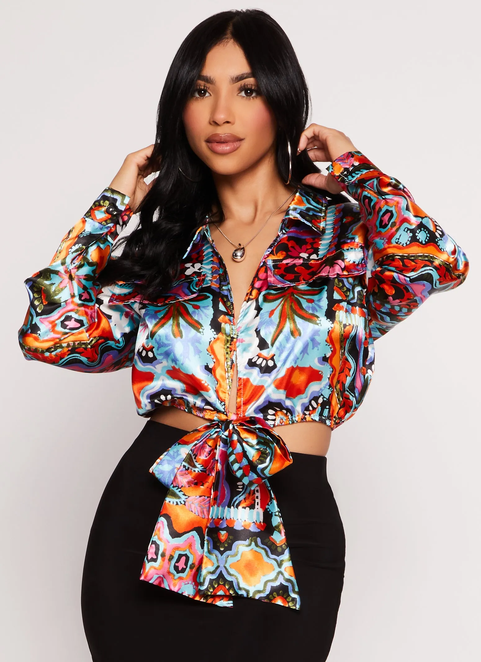 Satin Printed Long Sleeve Tie Front Blouse sold by Rainbow