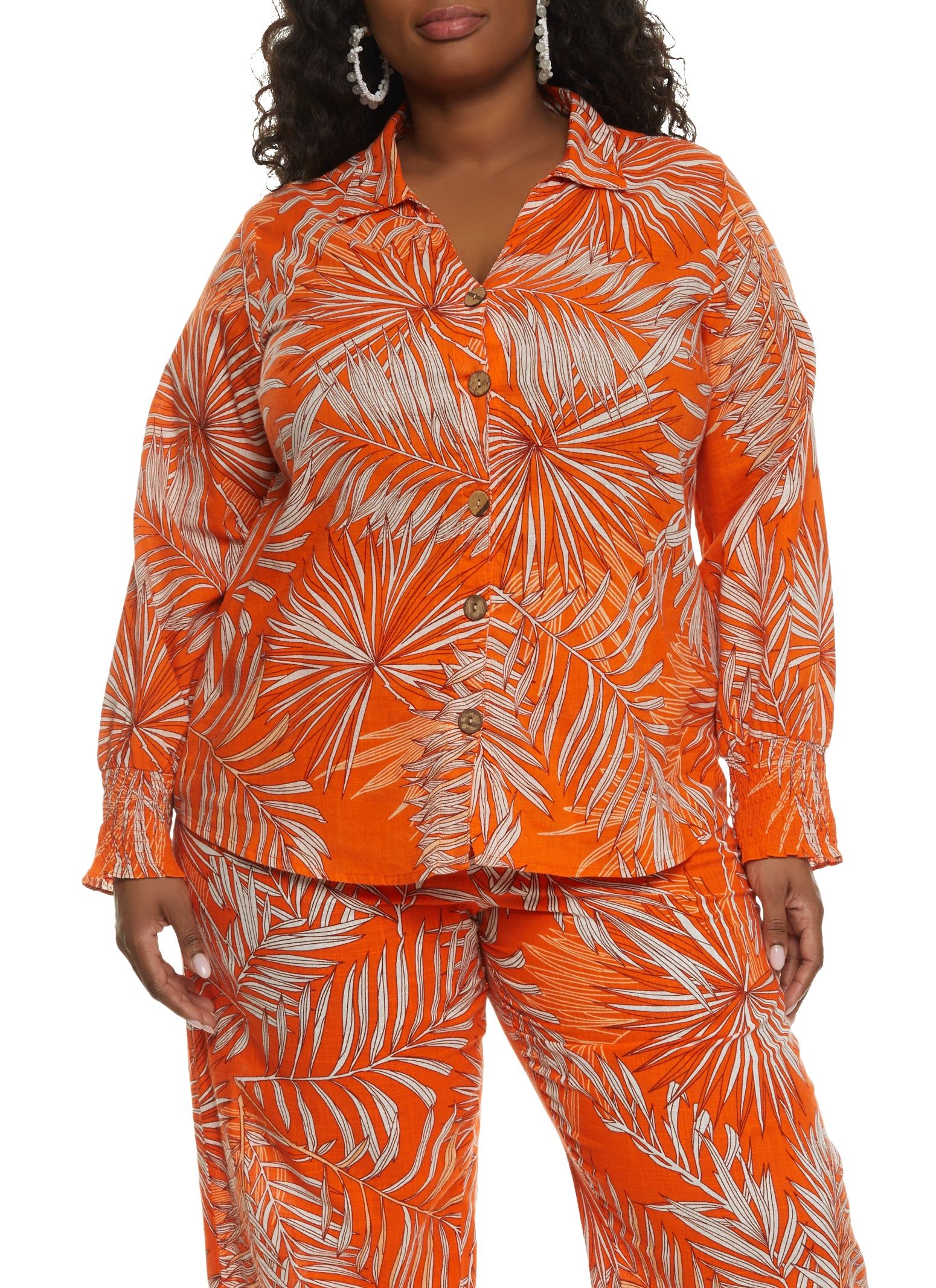 Plus Size Palm Print Button Front Shirt sold by Rainbow
