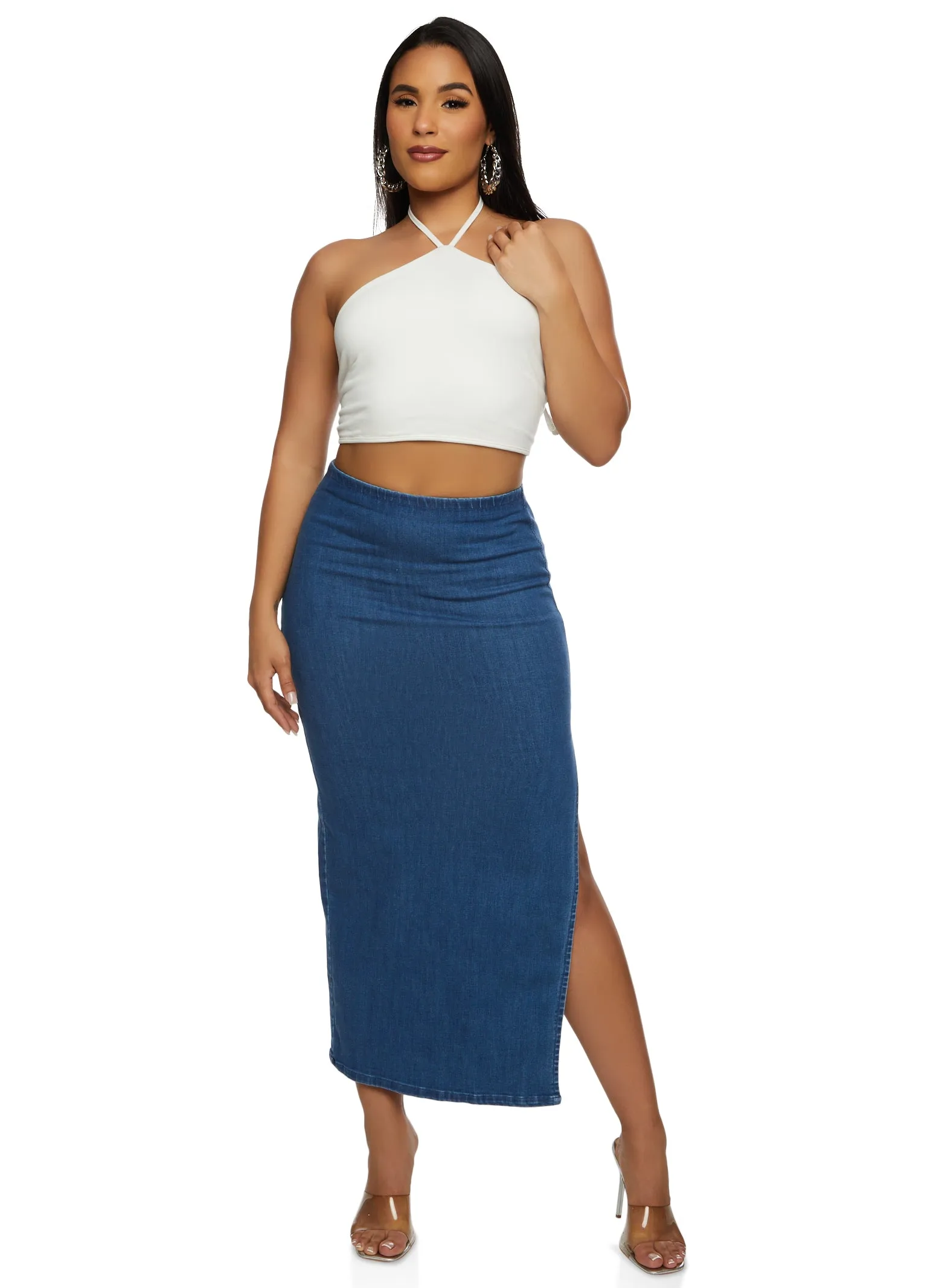 Haute Monde Denim High Waist Side Slit Maxi Skirt sold by Rainbow