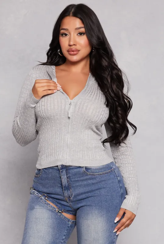 Cable Knit Zip Front Hooded Sweater sold by Rainbow
