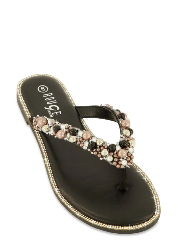 Rhinestone Trim Faux Pearl Thong Sandals sold by Rainbow