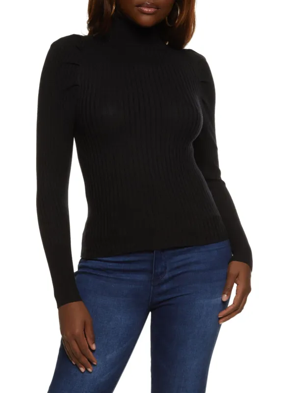 Ribbed Knit Turtleneck Puff Sleeve Sweater sold by Rainbow
