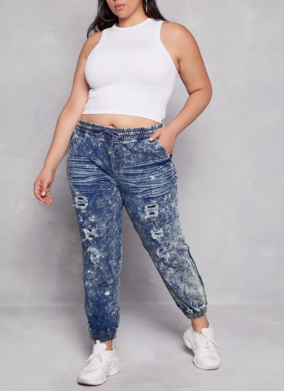 Plus Size Distressed Denim Joggers sold by Rainbow
