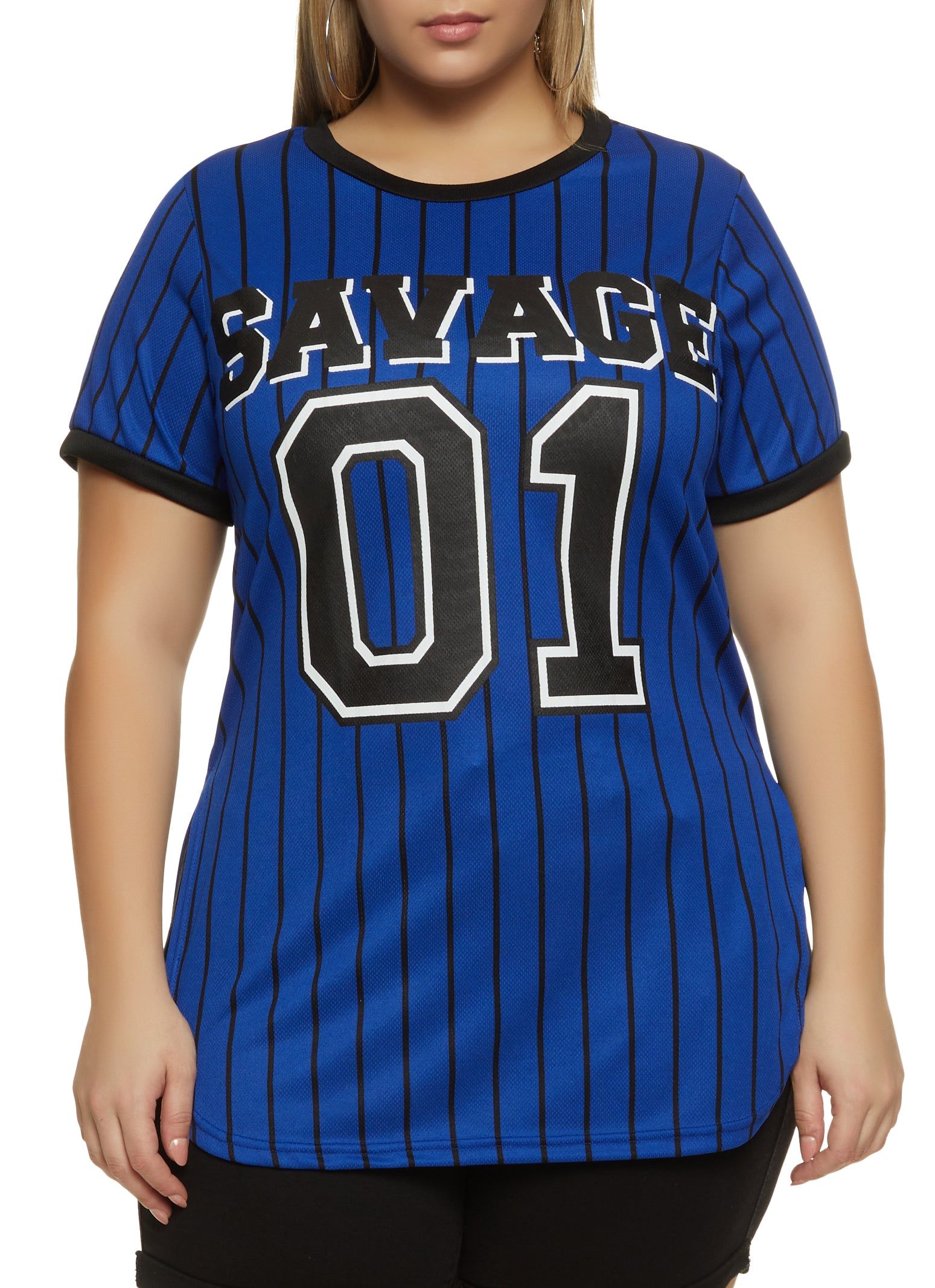 Plus Size Mesh Savage Pinstripe Baseball Tee sold by Rainbow