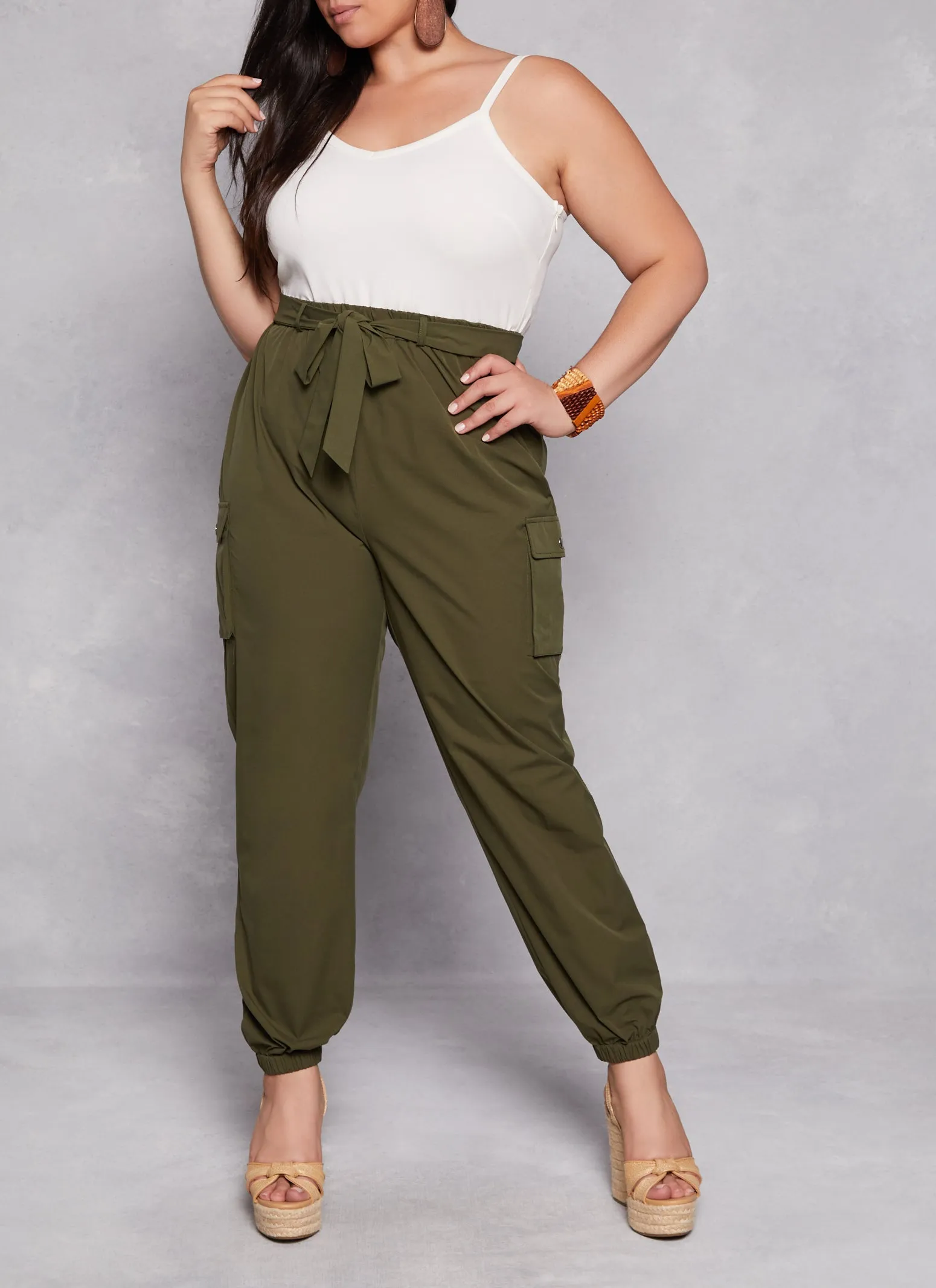 Plus Size Tie Waist Sleeveless Cargo Jumpsuit sold by Rainbow