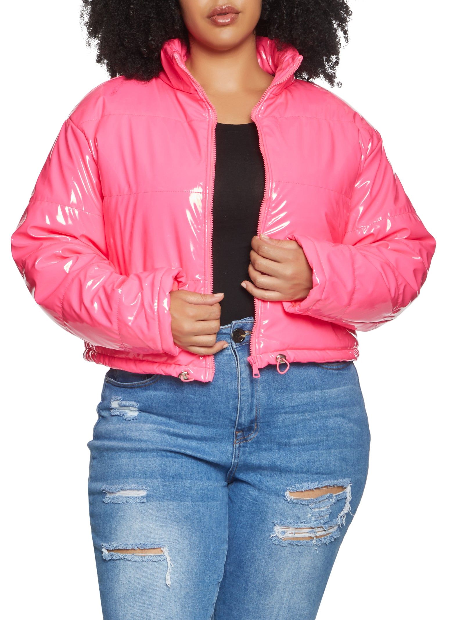 Plus Size Faux Patent Leather Puffer Jacket sold by Rainbow