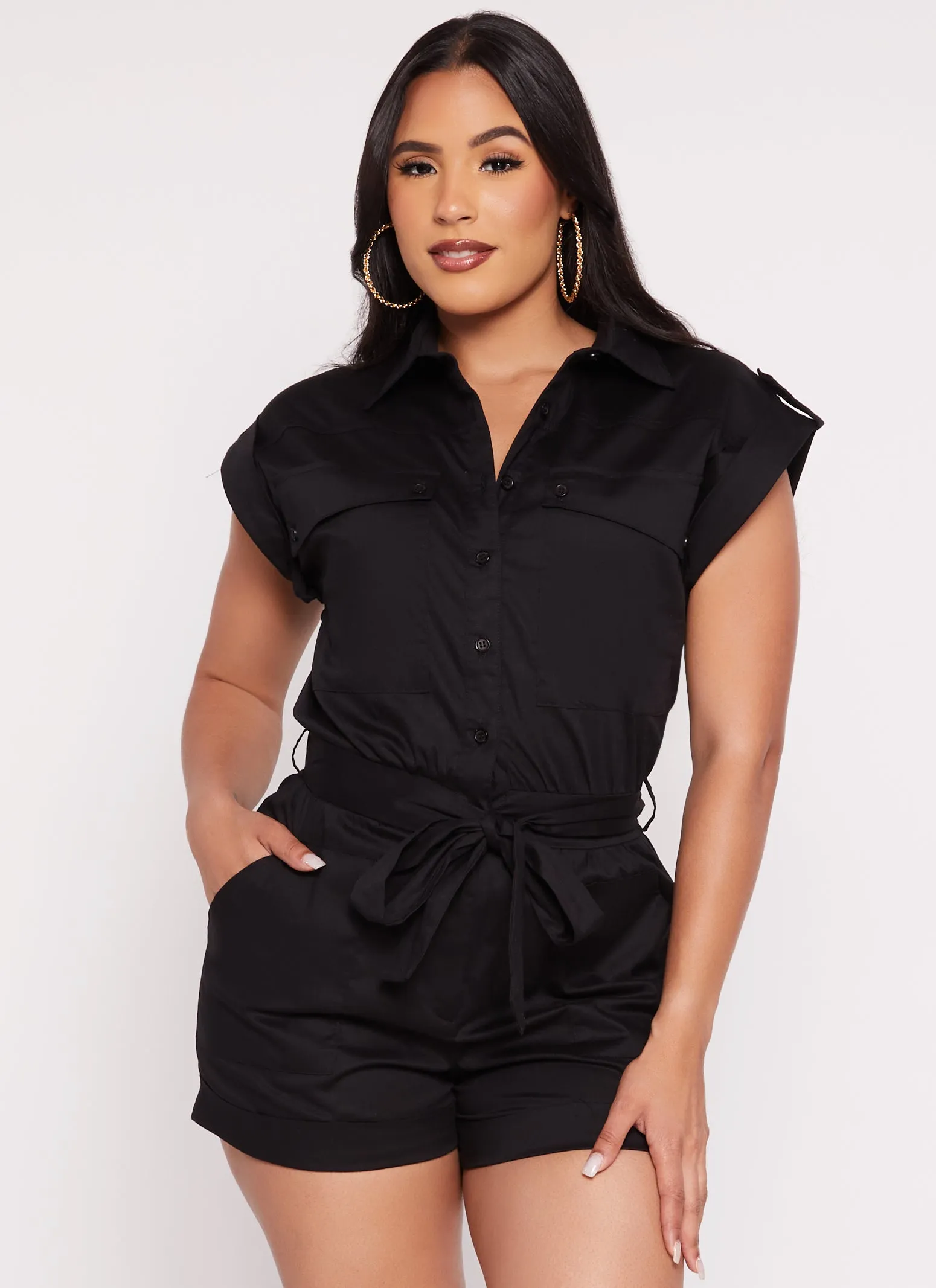 Tie Waist Belted Utility Romper sold by Rainbow