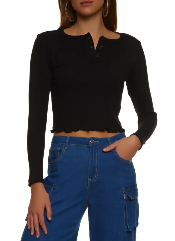 Ribbed Lettuce Edge Henley Top sold by Rainbow