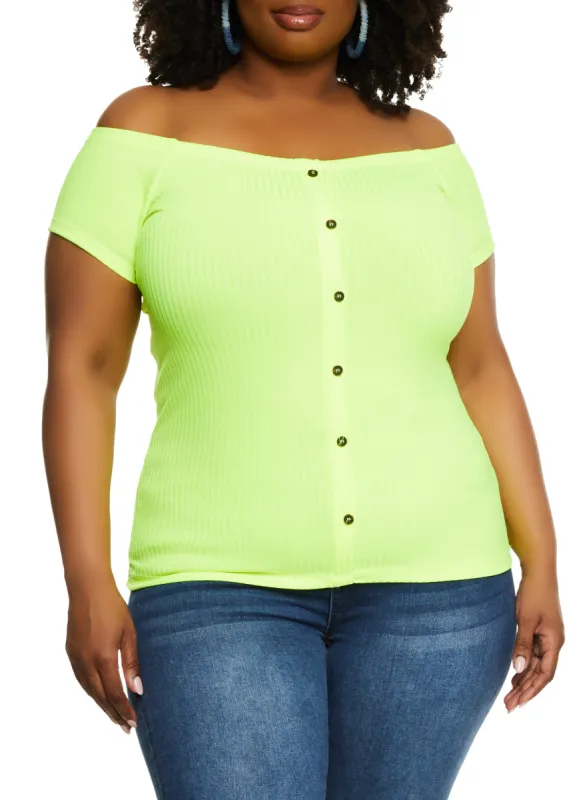 Plus Size Rib Knit Button Detail Off the Shoulder Top sold by Rainbow