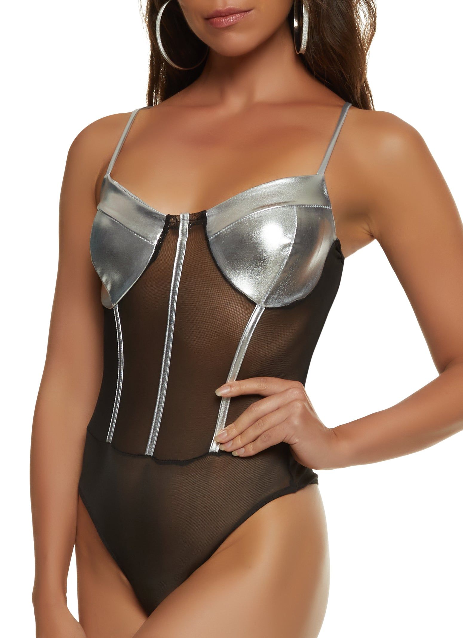 Faux Leather Mesh Corset Bodysuit sold by Rainbow