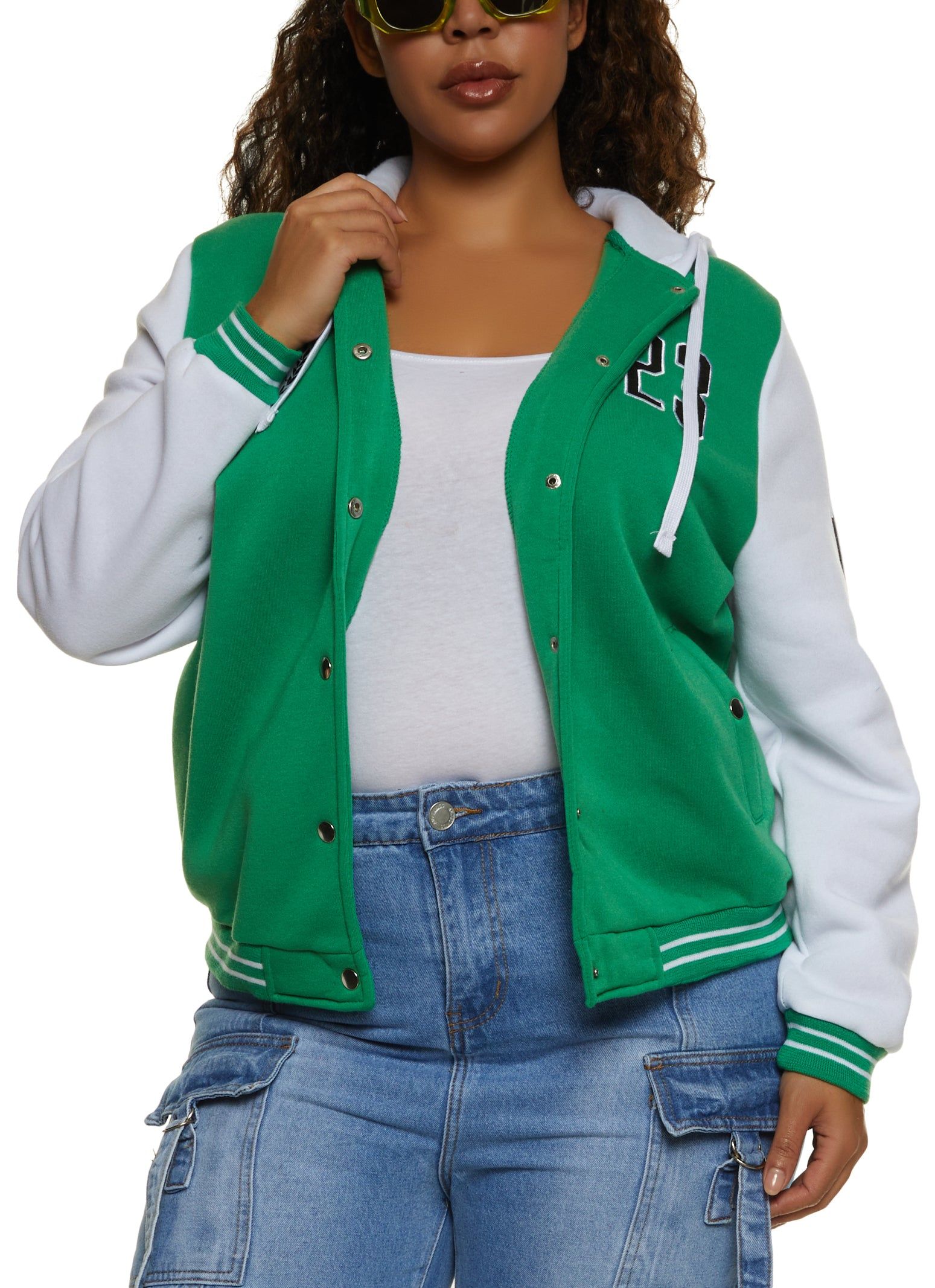 Plus Size 23 Patch Graphic Hooded Baseball Jacket sold by Rainbow