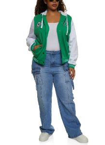 Plus Size 23 Patch Graphic Hooded Bomber Jacket sold by Rainbow