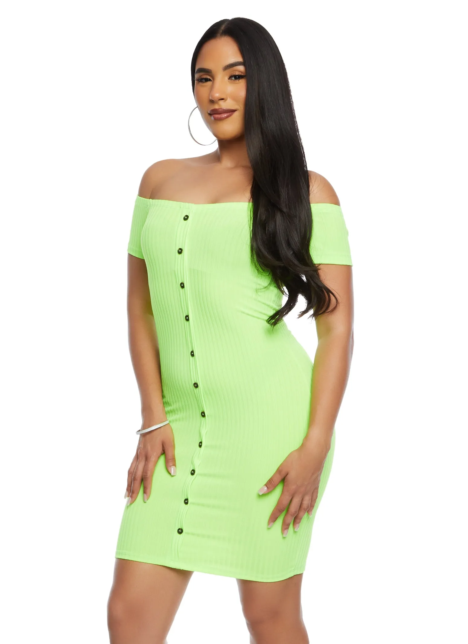 Off the Shoulder Button Detail Bodycon Dress sold by Rainbow
