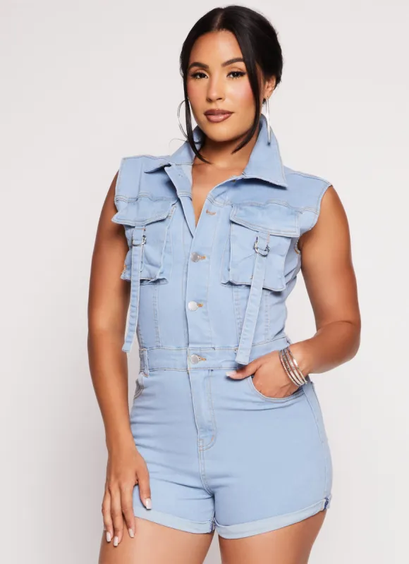 Daisy Denim Sleeveless Utility Romper sold by Rainbow