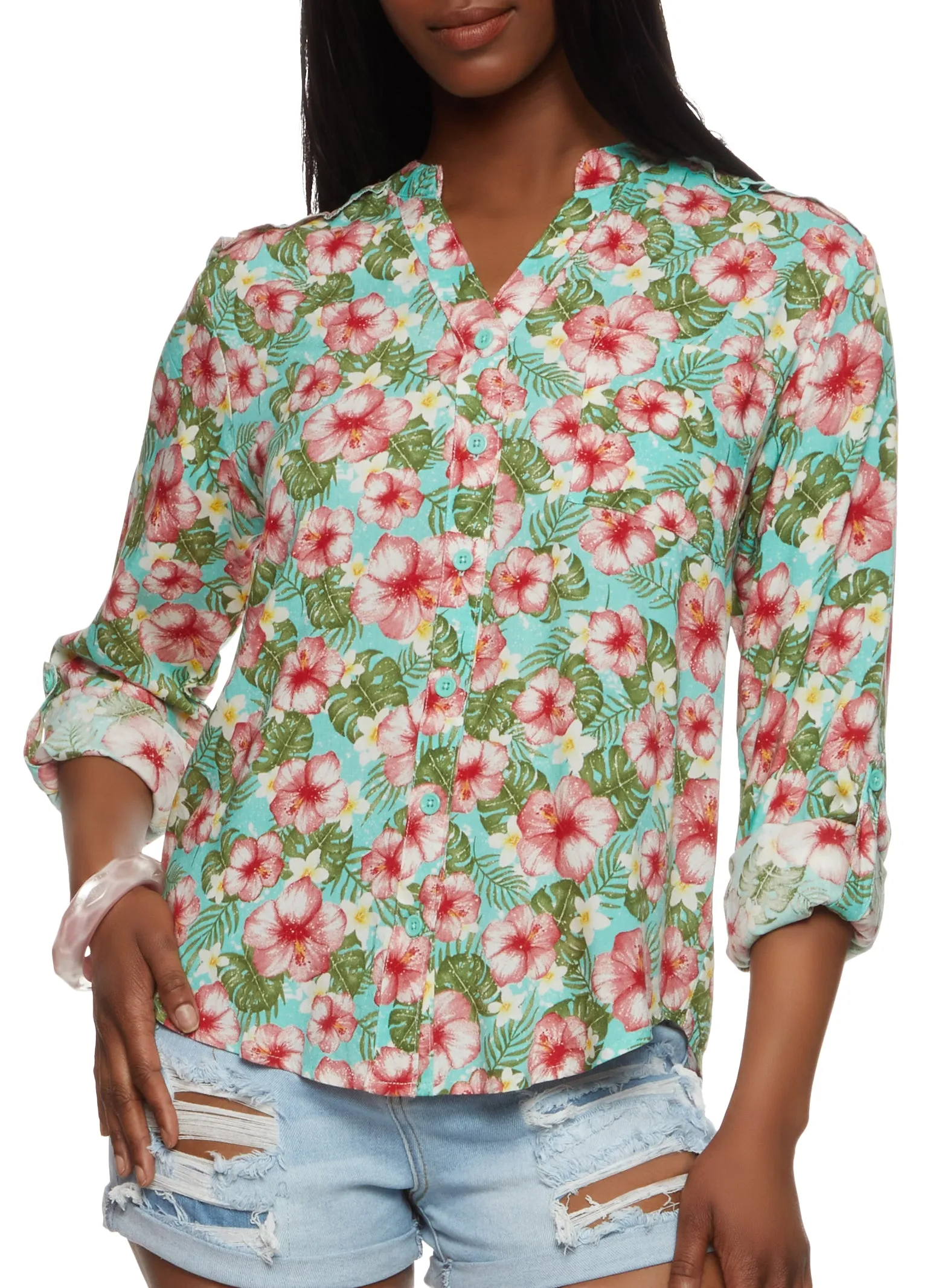 Floral Notch Neck Long Sleeve Top sold by Rainbow