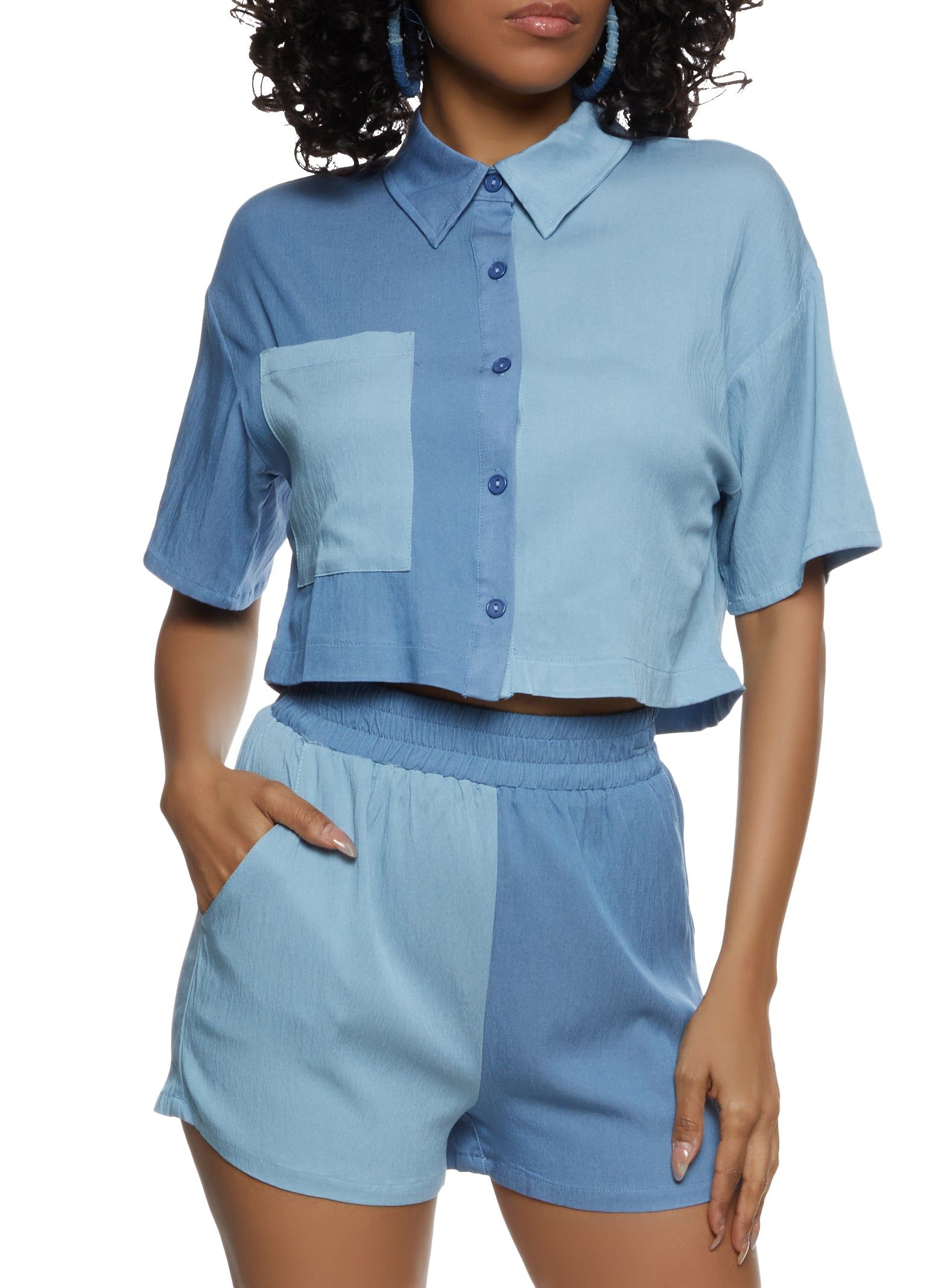 Color Block Cropped Button Front Shirt sold by Rainbow