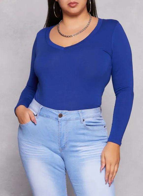 Plus Size Basic Long Sleeve V Neck Tee sold by Rainbow