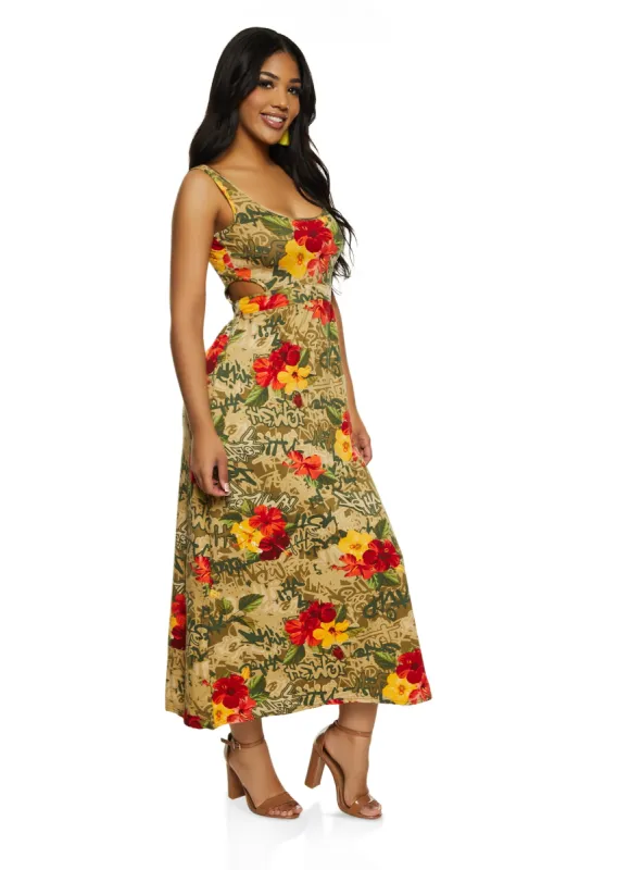 Cut Out Floral Graffiti Print Maxi Dress sold by Rainbow