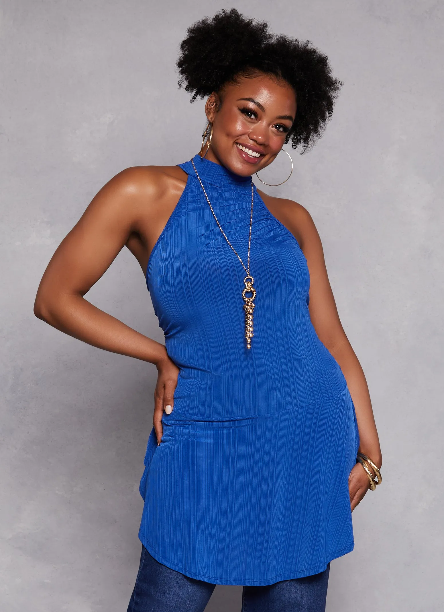 Plus Size Textured Knit High Neck Blouse with Necklace sold by Rainbow