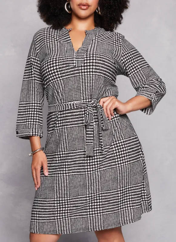 Plus Size Houndstooth Tie Waist Shirt Dress sold by Rainbow