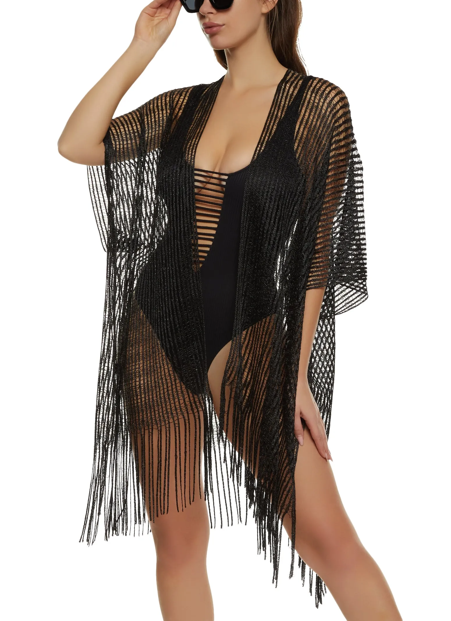 Lurex Shadow Stripe Fringe Hem Kimono sold by Rainbow