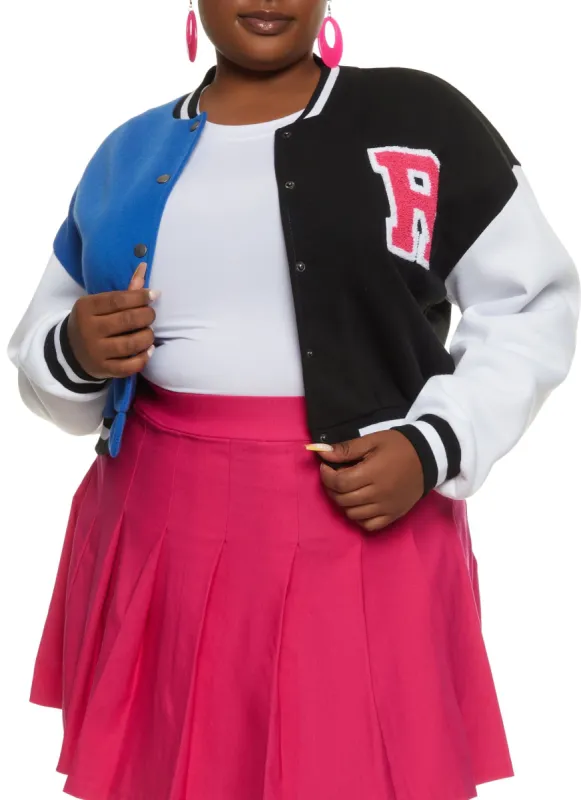 Plus Size Color Blocked Cropped Letterman Jacket sold by Rainbow