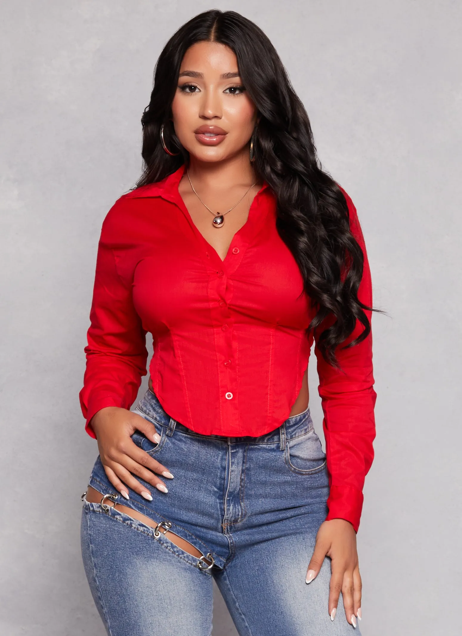 Button Front Smocked Corset Detail Blouse sold by Rainbow