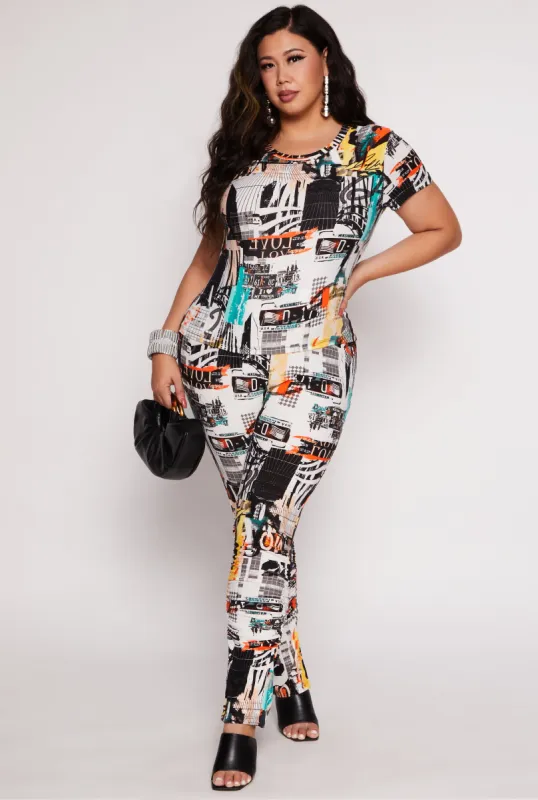 Plus Size Printed High Waisted Split Hem Pants made by Rainbow