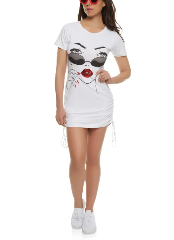 Face Sequin Graphic Ruched T Shirt Dress sold by Rainbow