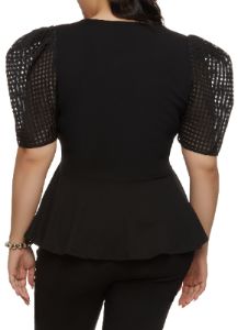 Plus Size Puff Sleeve Tie Waist Peplum Top sold by Rainbow