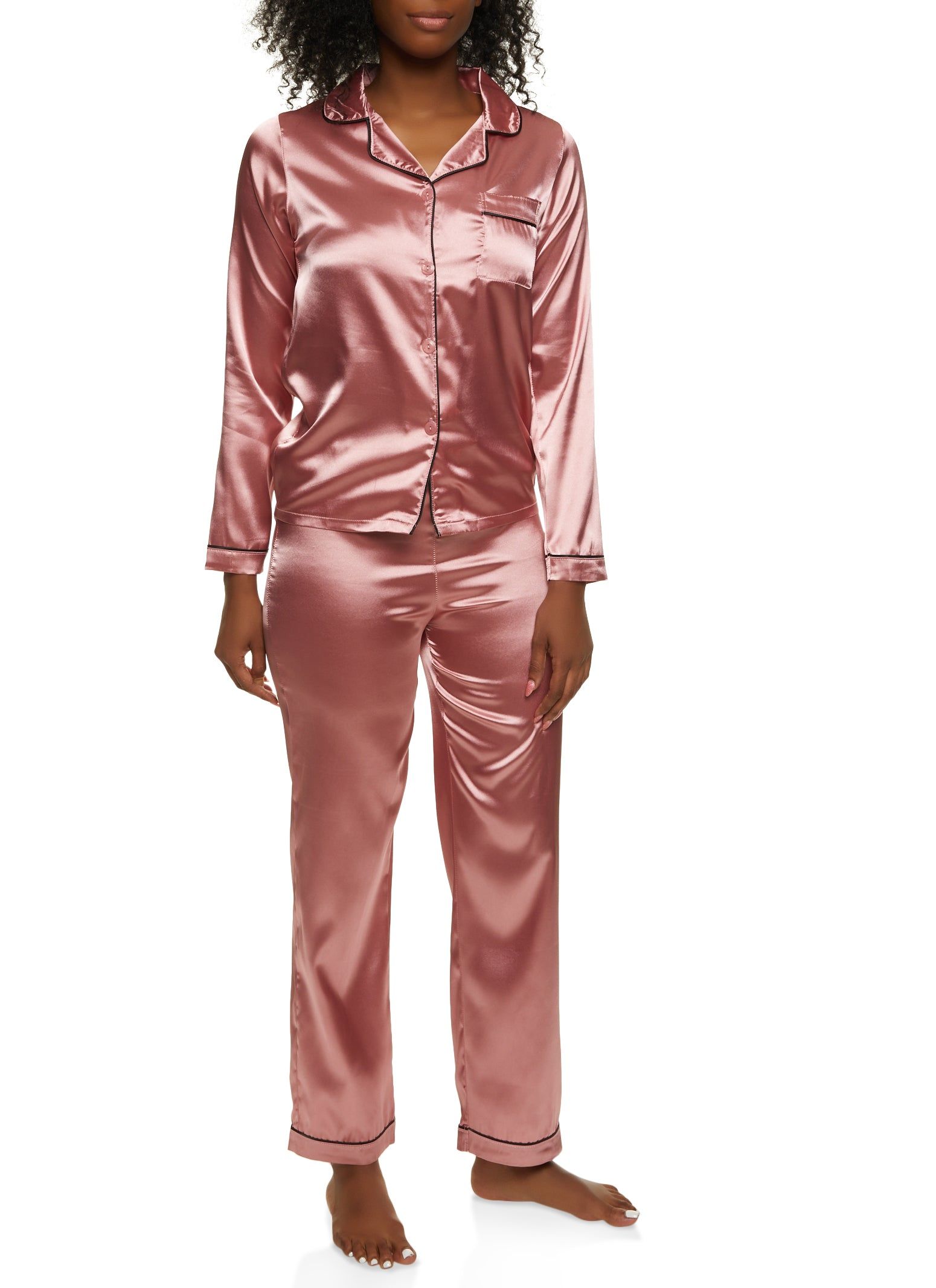 Satin Long Sleeve Button Down Pajama Shirt and Pants sold by Rainbow
