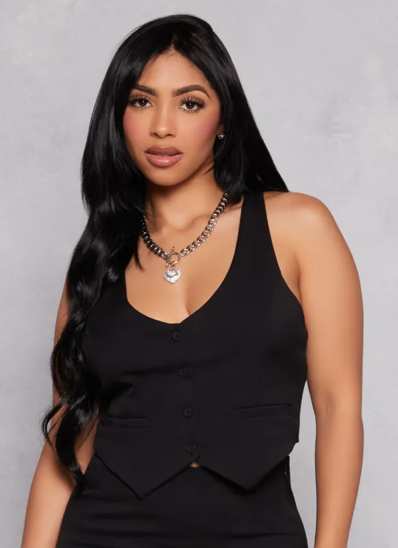 Almost Famous Cropped Button Front Vest sold by Rainbow