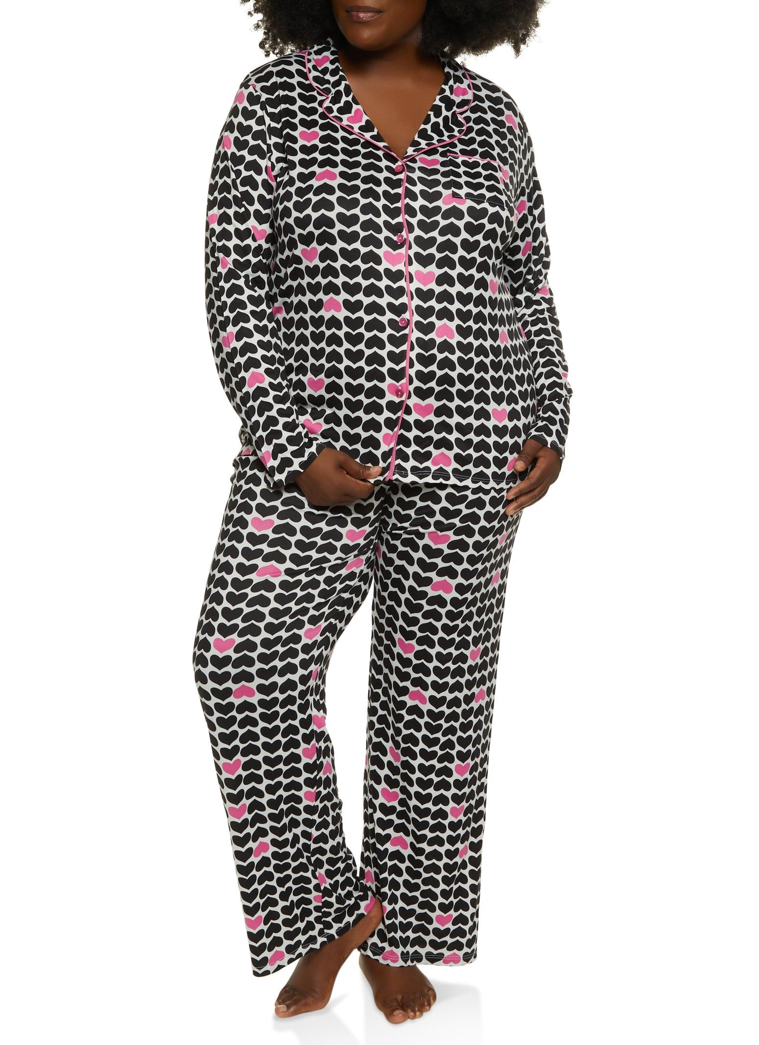 Plus Size Heart Print Long Sleeve Pajama Shirt and Pants sold by Rainbow