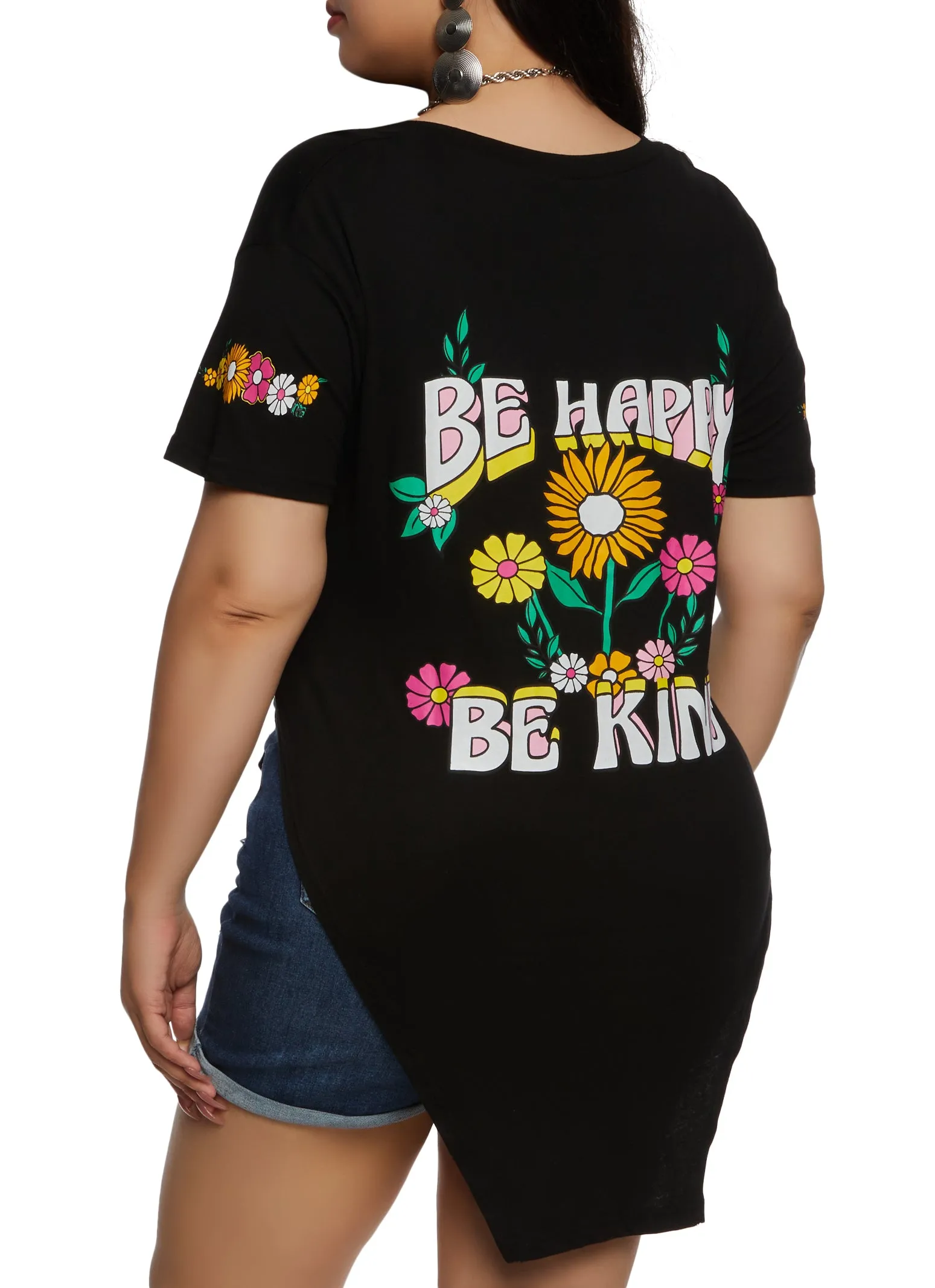 Plus Size Be Happy Be Kind Graphic Notch Neck Tee sold by Rainbow