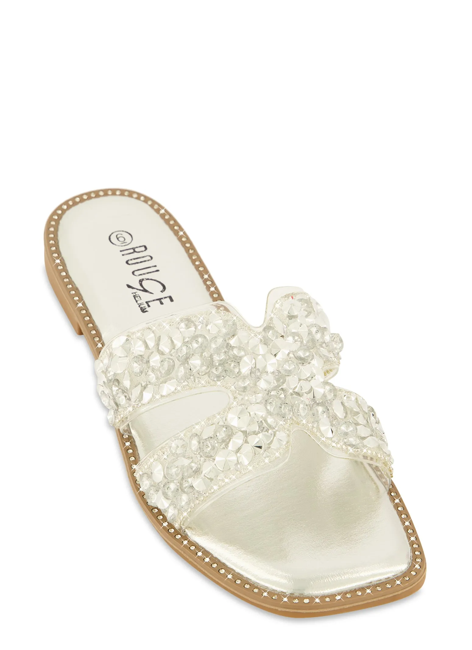 Studded Rhinestone H Band Slide Sandals sold by Rainbow