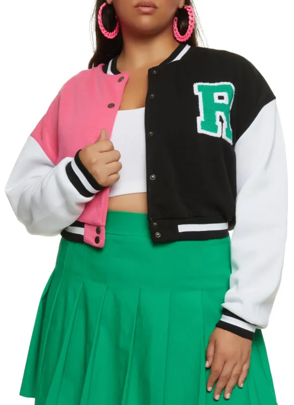 Plus Size Color Blocked Cropped Letterman Jacket sold by Rainbow