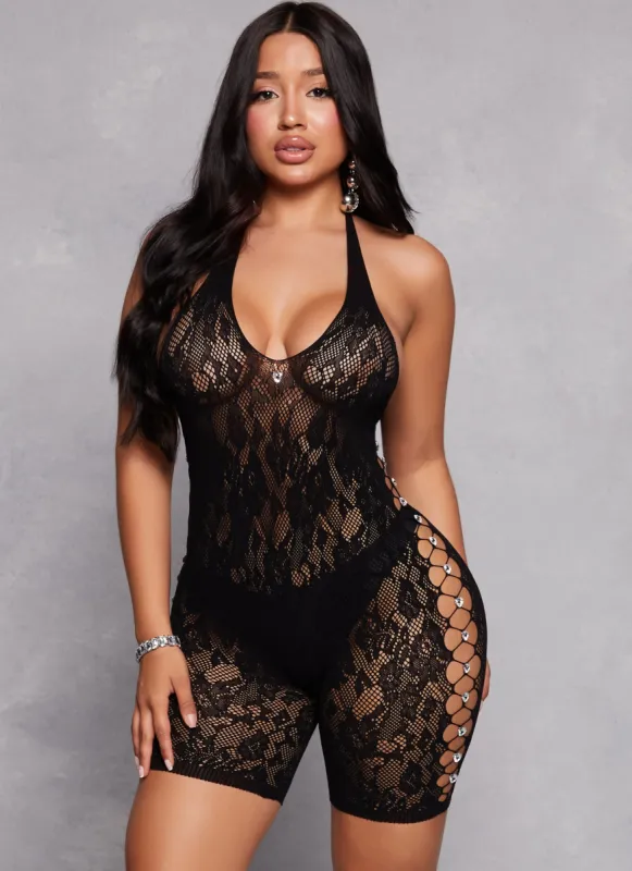 Seamless Rhinestone Cut Out Detail Halter Romper sold by Rainbow